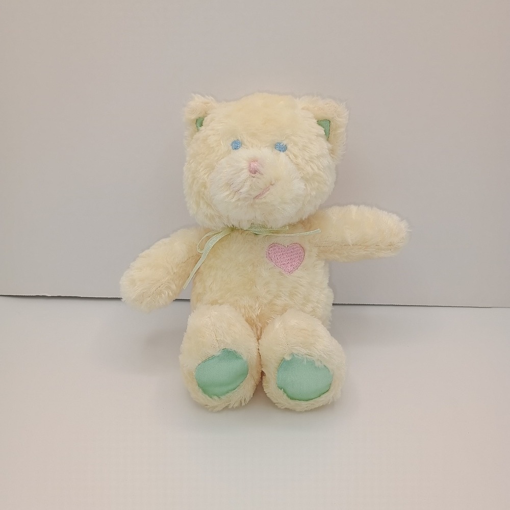 8" Head & Tales by GUND Yellow Green Satin HEART Rattle Plush Kitty Cat B1